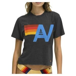 Aviator Nation Charcoal Logo 5 Stripe Boyfriend Graphic Tee Shirt Top Small